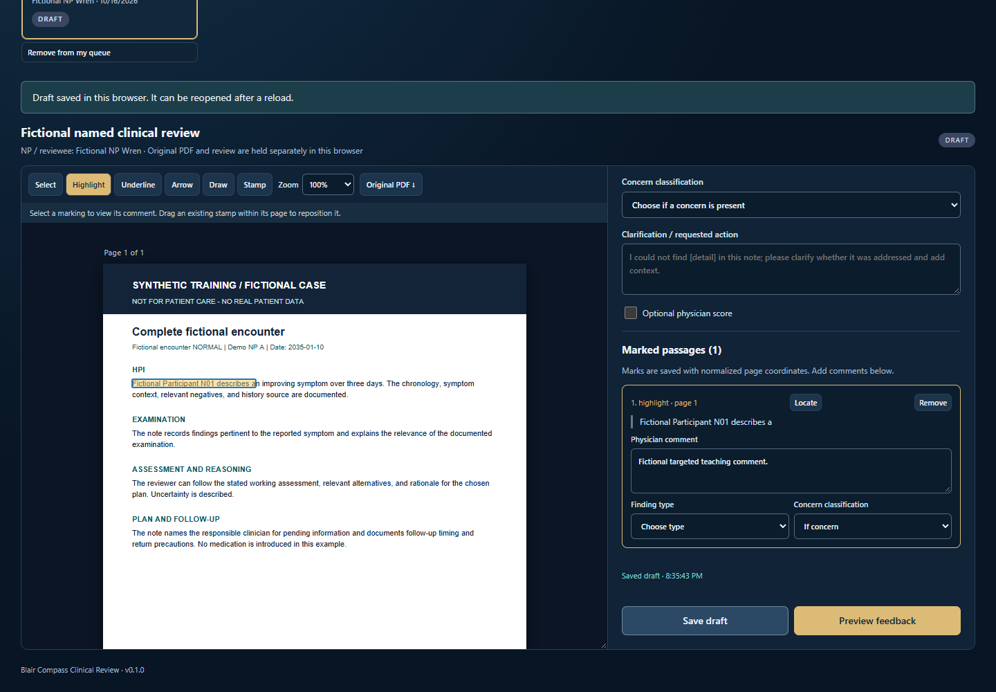 Clinical Review Desk showing a fictional document, highlighted passage, concern classification, and reviewer comment.